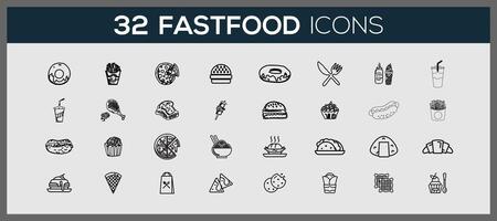 snabb mat ikoner uppsättning. snabb mat bakgrund ikon. snabb mat klistermärken hand dragen klotter färg vektor. vektor