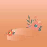 abstrakt Hintergrund im modisch Farbe 2024 Aprikose zerquetschen mit Blumen und zwei steht Podium, Sockel. vektor