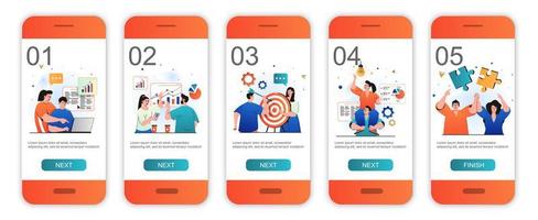 Onboarding-Bildschirme für Teamwork-Konzepte für mobile App-Vorlagen. Kollegen arbeiten, Brainstorming. modernes ui-, ux-, gui-Bildschirm-Benutzeroberflächen-Kit mit Personenszenen für das Webdesign. Vektor-Illustration vektor