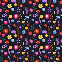 nahtlos Muster mit bunt Wildblumen auf ein dunkel Hintergrund. Wiese Kräuter und Blumen. Blumen- Sommer- Vektor Illustration. hell Frühling botanisch Hintergrund, modern Stil Design