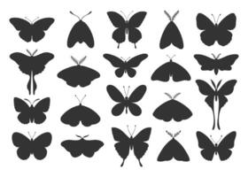 Schmetterling Silhouetten, groß Satz. schwarz Flügel Schmetterlinge und Motten. Vektor Illustration, Tätowierungen, Insekt einfach Symbole