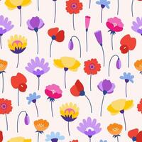 Wildblumen, hell und bunt auf ein Beige Hintergrund, nahtlos Muster. Wiese Kräuter und Blumen. Blumen- Sommer- Vektor Illustration. Frühling botanisch Hintergrund, modern Stil Design