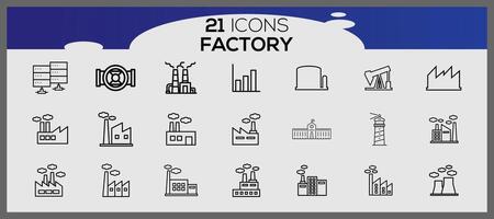 fabrik ikon packa, med översikt ikon stil. industriell byggnader platt ikon uppsättning. växter och fabriker klistermärken ikon uppsättning. vektor