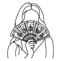 kontinuierlich einer Linie Mädchen halten Geld Ventilator gegen ihr Gesicht Gekritzel Vektor Illustration auf Weiß Hintergrund