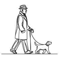 kontinuerlig enda svart linjär linje skiss teckning person gående med valp hund klotter vektor illustration på vit