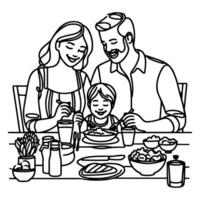 kontinuierlich einer schwarz Linie Kunst Zeichnung glücklich Familie Vater und Mutter mit Kind. haben Abendessen Sitzung beim Tabelle Kritzeleien Stil Vektor Illustration auf Weiß Hintergrund