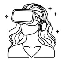 Single kontinuierlich Zeichnung schwarz Linie Kunst linear Mädchen mit virtuell Wirklichkeit Headset Simulator Brille zu lernen Neu Technologie vektor