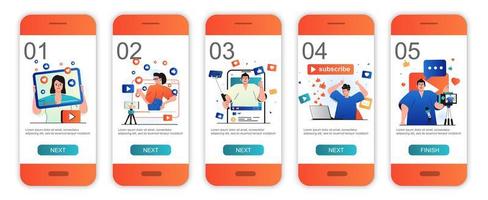 Onboarding-Bildschirme für Video-Blogging-Konzepte für mobile App-Vorlagen. Blogger erstellen Videoinhalte. modernes ui-, ux-, gui-Bildschirm-Benutzeroberflächen-Kit mit Personenszenen für das Webdesign. Vektor-Illustration vektor
