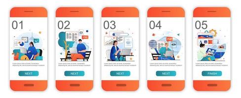 Onboarding-Bildschirme für freiberufliche Arbeitskonzepte für mobile App-Vorlagen. Freiberufler mit Laptop. modernes ui-, ux-, gui-Bildschirm-Benutzeroberflächen-Kit mit Personenszenen für das Webdesign. Vektor-Illustration vektor