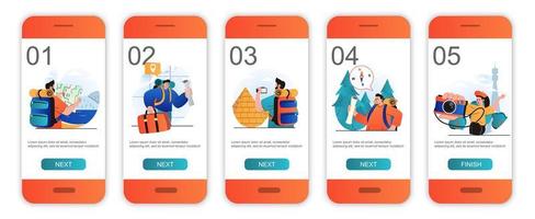 resande koncept introduktionsskärmar för mobilappmallar. turister som reser över hela världen. moderna ui, ux, gui skärmar användargränssnitt kit med människor scener för webbdesign. vektor illustration