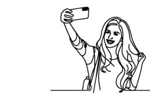 kontinuierlich einer schwarz Linie Kunst Zeichnung heiter jung Mädchen halten Smartphone zu nehmen Schauspielkunst Selfie oder Video Anruf durch Handy, Mobiltelefon Telefon Gliederung Gekritzel Vektor Familie Reise Konzept