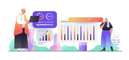 affärsverksamhet koncept för webbbanner. man och kvinna analysera finansiell statistik, skapa framgångsstrategi moderna människor scen. vektor illustration i platt tecknad design med person tecken