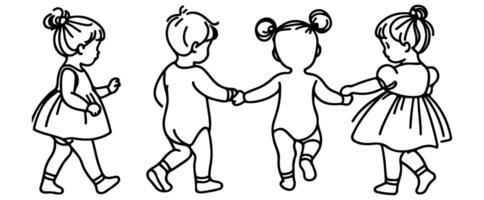 kontinuerlig ett svart linje konst hand teckning barn gående klotter översikt tecknad serie tecken uppsättning stil färg sida vektor illustration på vit bakgrund