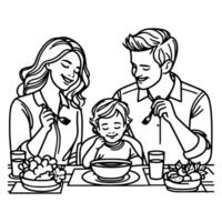 kontinuierlich einer schwarz Linie Kunst Zeichnung glücklich Familie Vater und Mutter mit Kind. haben Abendessen Sitzung beim Tabelle Kritzeleien Stil Vektor Illustration auf Weiß Hintergrund