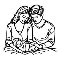 kontinuierlich einer schwarz Linie Kunst Zeichnung Eltern mit Neugeborene Baby Kritzeleien Gliederung Stil Vektor Illustration auf Weiß Hintergrund