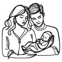 kontinuierlich einer schwarz Linie Kunst Zeichnung Eltern mit Neugeborene Baby Kritzeleien Gliederung Stil Vektor Illustration auf Weiß Hintergrund