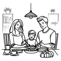 kontinuerlig ett svart linje konst teckning Lycklig familj far och mor med barn. har middag Sammanträde på tabell klotter stil vektor illustration på vit bakgrund