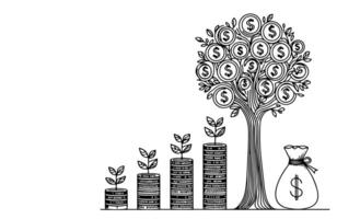 ai generiert ein klein Baum Sprossen wachsend im Stapeln Münze und Geld Tasche, finanziell Tor Geschäft Gekritzel Konzept Vektor Illustration