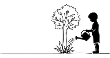 kontinuierlich einer schwarz Linie Kunst Zeichnung Silhouette von Kinder Bewässerung ein Baum. Pflanzen Baum zu speichern das Welt und Erde Tag reduzieren global Erwärmen Wachstum Konzept Vektor Illustration auf Weiß Hintergrund