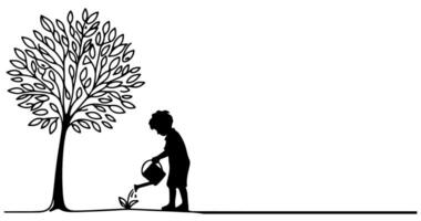 kontinuerlig ett svart linje konst teckning silhuett av barn vattning en träd. plantering träd till spara de värld och jord dag minska global uppvärmningen tillväxt begrepp vektor illustration på vit bakgrund