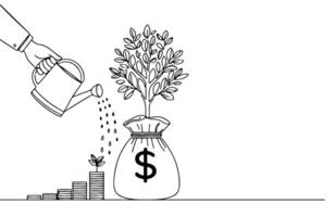 ai genererad en små träd groddar växande i stapling mynt och pengar väska, finansiell mål företag klotter begrepp vektor illustration