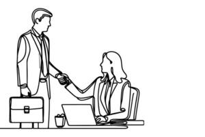 Geschäft Mann hilft Kollege beim Arbeit Platz und geben Ermutigung Vektor Illustration auf Weiß Hintergrund. kontinuierlich einer Linie Zeichnung Karikatur