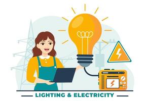 Beleuchtung und Elektrizität Vektor Illustration mit Lampe und Energie Instandhaltung Bedienung Panel Kabinett von Techniker elektrisch Arbeit auf eben Hintergrund