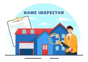 Hem inspektör vektor illustration med checkar de tillstånd av de hus och skrivningar en Rapportera för underhåll hyra Sök i platt bakgrund