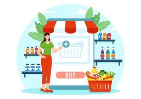 online Lebensmittelgeschäft Geschäft Vektor Illustration mit Essen Produkt Regale, Gestelle Molkerei, Früchte und Getränke zum Einkaufen bestellen über Telefon im Hintergrund