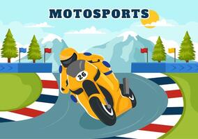 tävlings motosport hastighet cykel vektor illustration för konkurrens eller mästerskap lopp förbi bär sportkläder och Utrustning i platt tecknad serie bakgrund