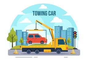 Auto Abschleppen Auto Vektor Illustration mit ein LKW mit Straßenrand Hilfe Bedienung zum verschiedene Fahrzeuge im eben Karikatur Hintergrund Design