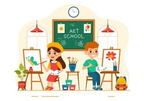 Kunst Schule Vektor Illustration mit Kinder von Gemälde mit Leben Modell- oder Objekt mit Werkzeuge und Ausrüstung im eben Karikatur Hintergrund Design