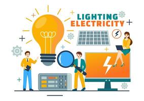 Beleuchtung und Elektrizität Vektor Illustration mit Lampe und Energie Instandhaltung Bedienung Panel Kabinett von Techniker elektrisch Arbeit auf eben Hintergrund