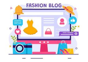 Mode Blog Vektor Illustration mit Blogger Rezension Videos von modisch Kleider Trends und Lauf online im eben Karikatur Hintergrund Stil