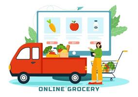 online Lebensmittelgeschäft Geschäft Vektor Illustration mit Essen Produkt Regale, Gestelle Molkerei, Früchte und Getränke zum Einkaufen bestellen über Telefon im Hintergrund
