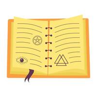 magi öppen bok med esoterisk symboler. fantasi eller fe- berättelse bok, bibel eller trollkarl trollbok. gammal spiralbunden bok med bokmärke. vektor