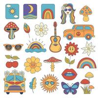 retro häftig hippie uppsättning. 60-tal, 70s klistermärke packa i trendig årgång psychedelic färger. vektor