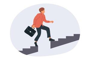företag man växer professionellt förbi klättrande upp trappa och övervinnande hinder från saknas steg. ambitiös kille kontorist, lätt klarar sig med problem den där stiga upp i företag och karriär vektor