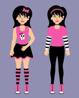 Karikatur zwei Teenager Mädchen Emo. jung Frauen mit schwarz Haar tragen Mini Rock, T-Shirt mit Schädel, Haarband, Hose, Turnschuhe. y2k 2000er Stil. schwarz und Rosa. Vektor eben Illustration.