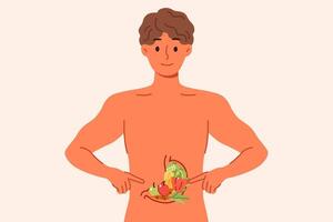 Mann empfiehlt gesund Diät, Punkte zu Gemüse Innerhalb Magen, steht mit nackt Torso vektor