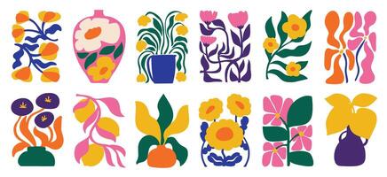 botanisk klotter bakgrund vektor uppsättning. blomma och löv abstrakt form klotter konst design för skriva ut, tapet, ClipArt, vägg konst för Hem dekoration.