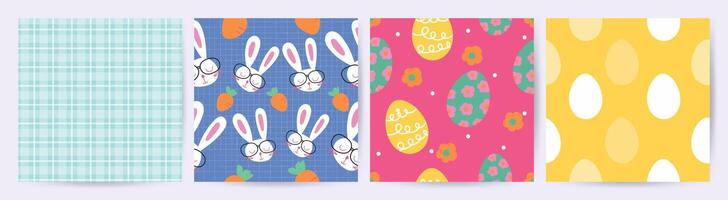 glücklich Ostern nahtlos Muster Vektor. einstellen von Platz Startseite Design mit Ostern Ei, Blume, Kaninchen, Karotte. Frühling Jahreszeit wiederholt im Stoff Muster zum Drucke, Hintergrund, Abdeckung, Verpackung, Kinder, Anzeigen. vektor