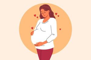 schwanger Frau Schlaganfälle Bauch, eifrig warten Geburt von lang erwartet Kind von Geliebte Mann vektor