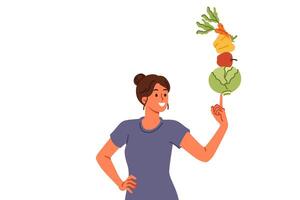 Frau folgt ausgewogen Diät von Gemüse führt gesund Lebensstil Vielen Dank zu richtig Ernährung vektor