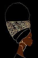 Porträt afrikanisch Frau mit traditionell Kopf Turban zum afro lockig Haar. Afrika Luxus Gold Ohrringe. typisch Kopftuch. Schönheit ethnisch Mode Design. Vektor Illustration isoliert auf schwarz Hintergrund