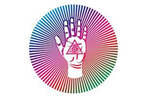 bunt psychedelisch öffnen Palme mit alle Sehen Auge heilig freimaurerisch Symbol, dritte Auge von Vorsehung, Dreieck Pyramide. Neu Welt Befehl. Alchimie Symbol, Religion, Spiritualität, Okkultismus. Magie Vektor