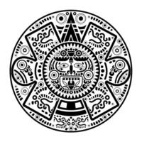 helig aztekisk hjulkalender maya solguden, maya symboler etnisk mask, svart tatuering rund ramkant gammal logotyp ikon vektorillustration isolerad på vit bakgrund vektor