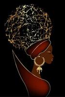 svart drottning, porträtt av afrikansk kvinna i afro lockigt hår, lyx gyllene örhängen och turban. vektor illustration isolerat på svart bakgrund.