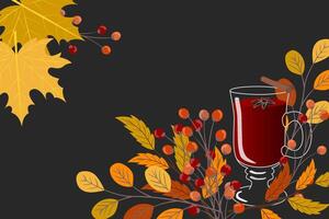 svart höst bakgrund med färgrik löv och en glas av funderade vin vektor