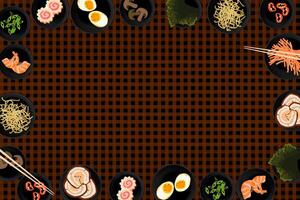 platt lägga vektor bakgrund av asiatisk mat Ingredienser mängd över kontrollerade bordsduk